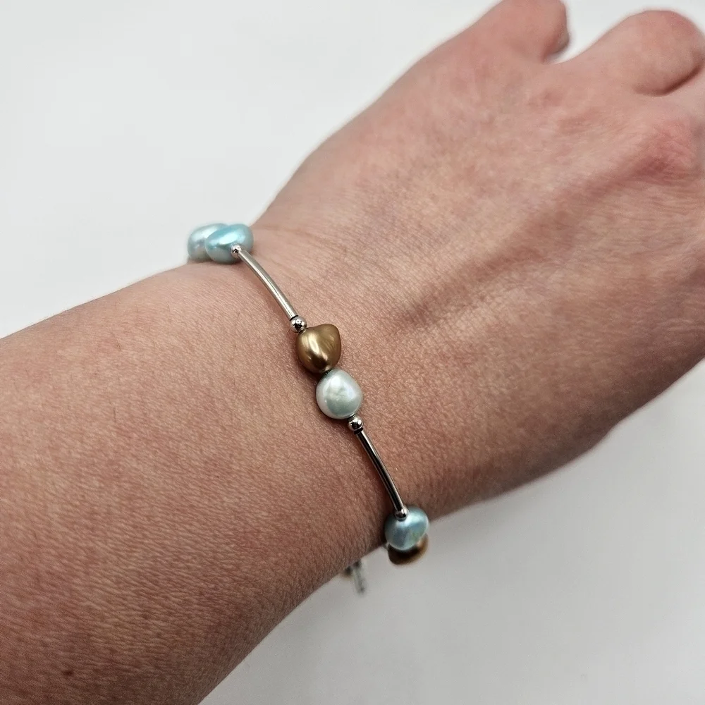 Vantel Pearls Blue Silver Tone Wrap Bracelet Signed